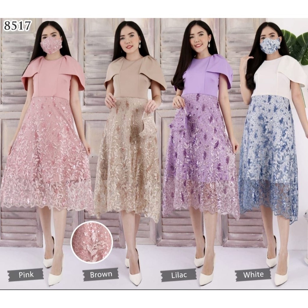 Dress Tunik Scuba Kombinasi Brokat Payet wanita