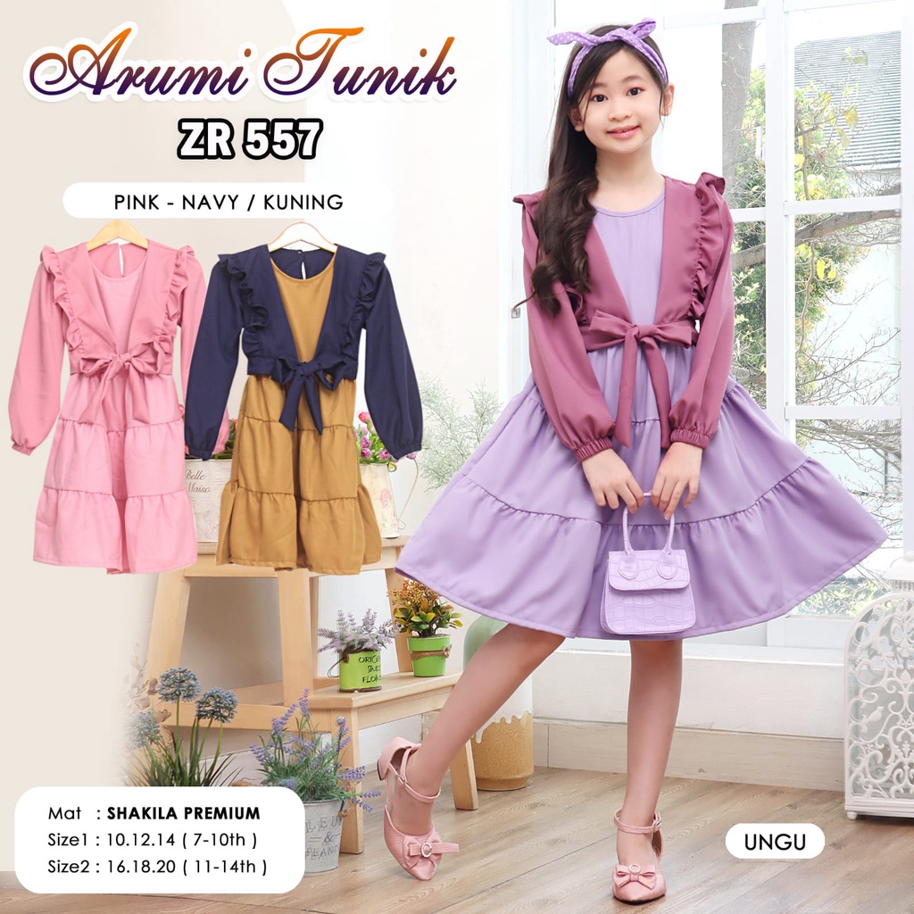 ( 7-14 tahun) pakaian baju fashion dress tunik katun syakila polos anak perempuan tanggung- ZR557 KT