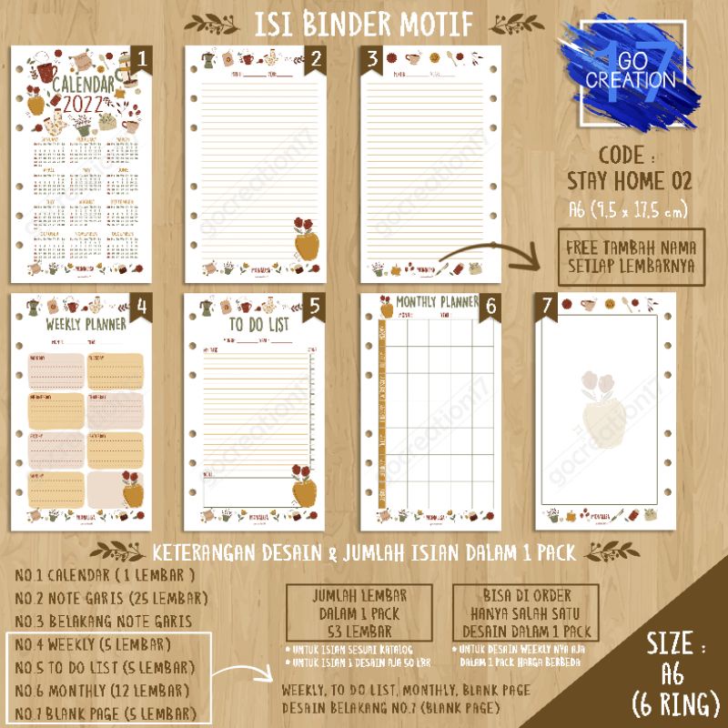 

Buku Planner isi Kertas Binder Motif Stay Home 02 Premium A6 ring 6