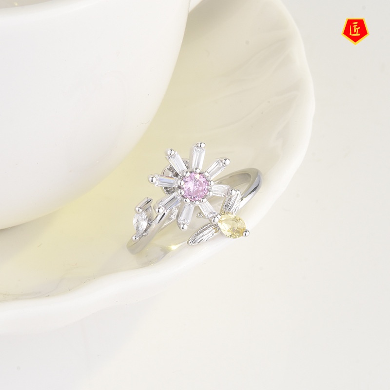 [Ready Stock]S925 Silver Creative Cute Flower Bee Pink Crystal Open Ring