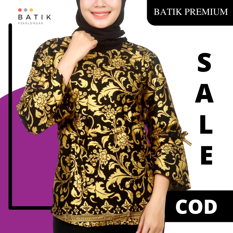 Baju Atasan Blouse Batik Wanita Lengan Panjang Modern Pekalongan Warna Gold Emas Premium