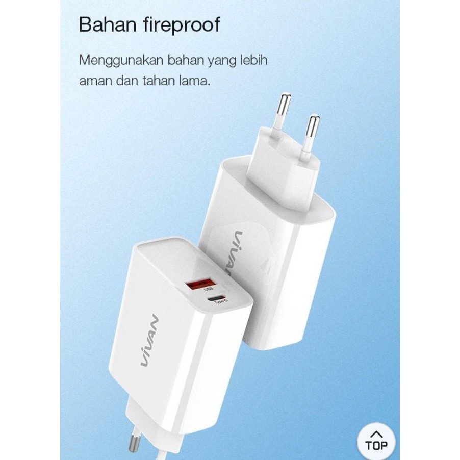 Charger VIVAN DT01 dual output 5A Type-C dan USB Fast Charging