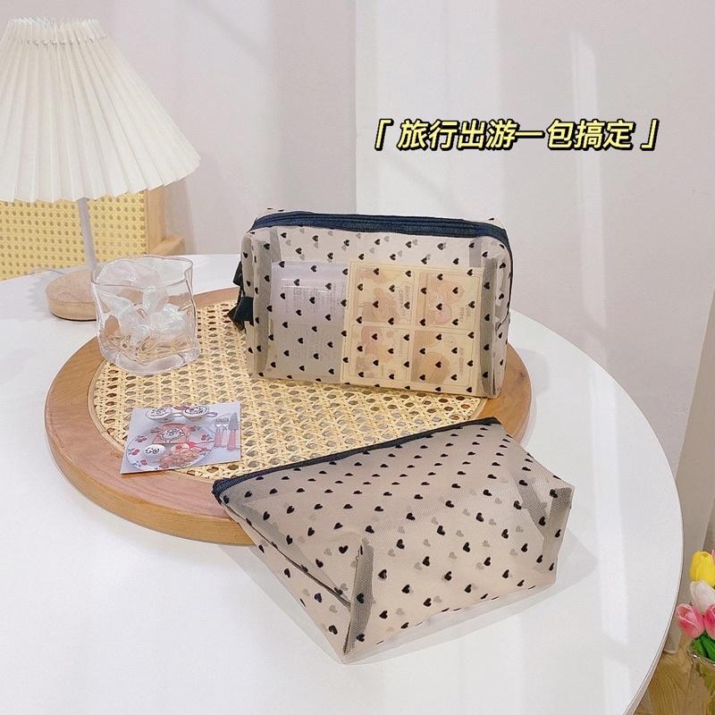 LOVE DOTS TRAVEL MAKE UP POUCH / TRANSPARAN POUCH MOTIF LOVE / TAS SERBAGUNA / TAS MAKE UP PREMIUM