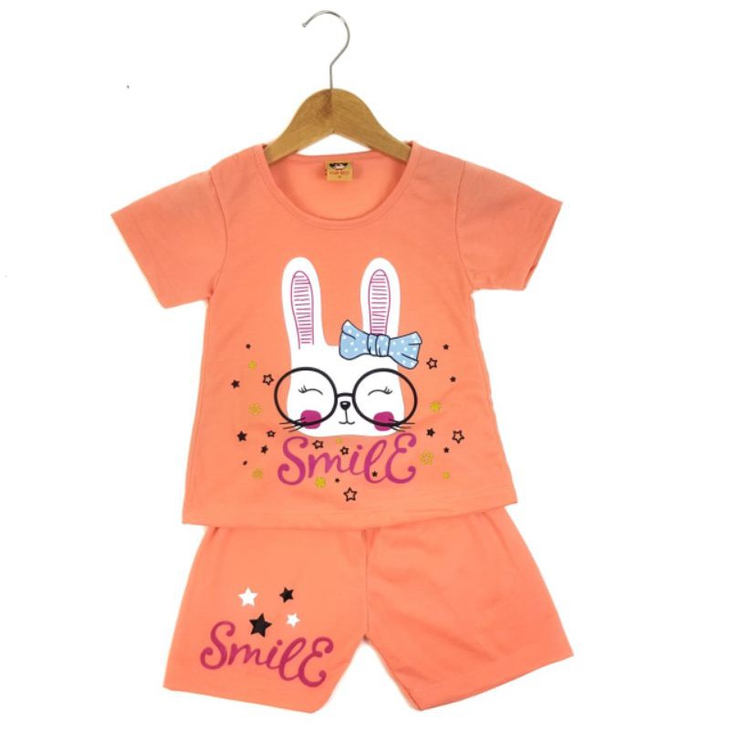 SETELAN BAJU ANAK PEREMPUAN SIKUNING MOTIF RABBIT SMILE 2-6 TAHUN NEW