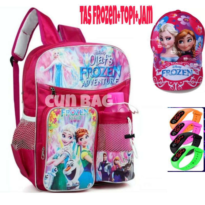 tas frozen set +topi+botol+jam tangan