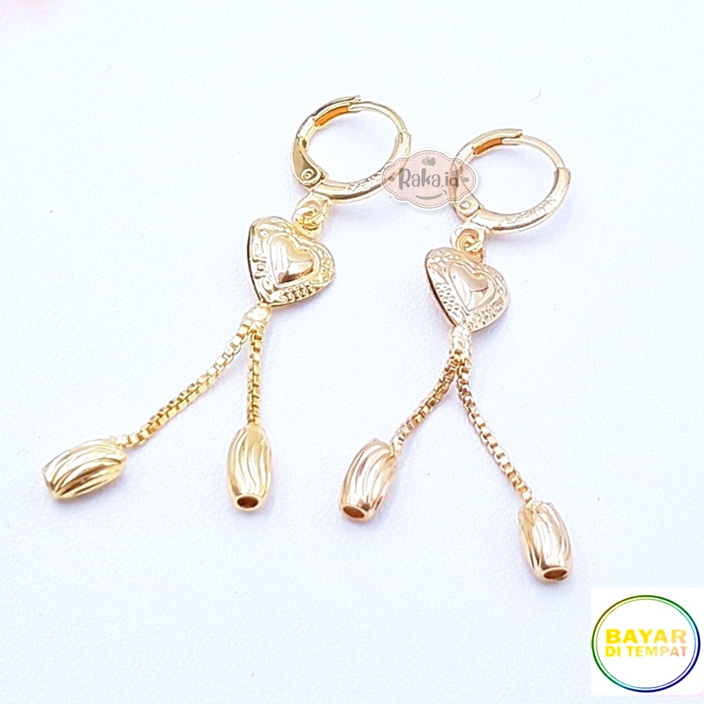 Anting Clip / Klip Panjang Love Italy Biji Padi 2 Bandul Ukir Mas Gold Perhiasan Aksesoris Wanita 963