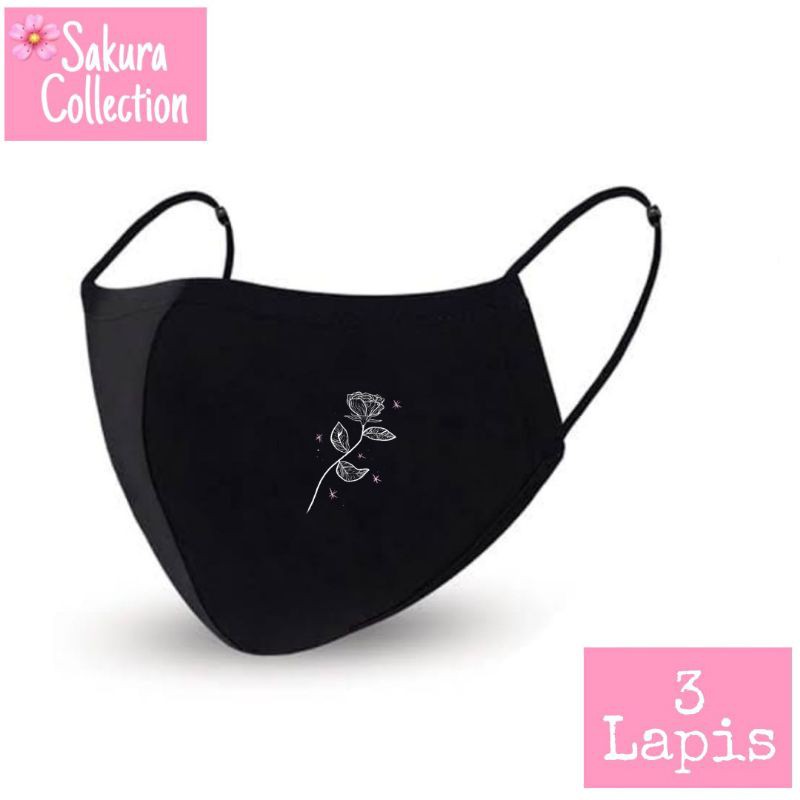 Masker kain 3 lapis - bunga mawar