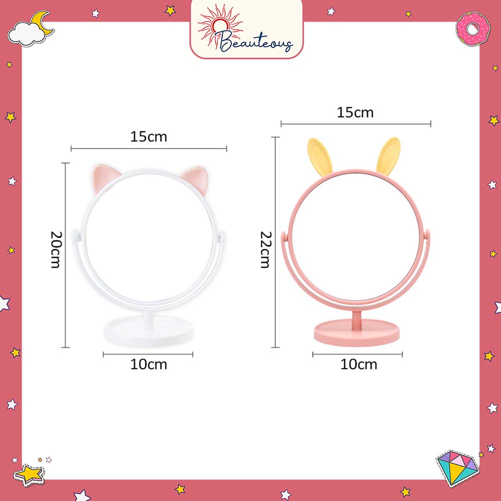 Cermin Kaca Meja Rias Bulat Motif Telinga Kucing Kelinci Cermin Meja Make Up