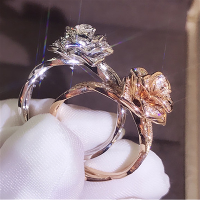 SEUSUK  Cincin Lapis Rose Gold 18K Desain Bunga Mawar Hias Berlian Imitasi untuk Wanita COD