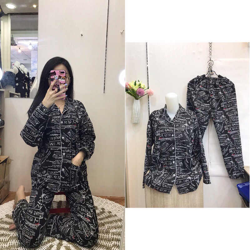 piyama/pajamas motif tulisan PP hitam wanita.bajutidur/homewear/sleepwear tulisan PP black cwe kekin