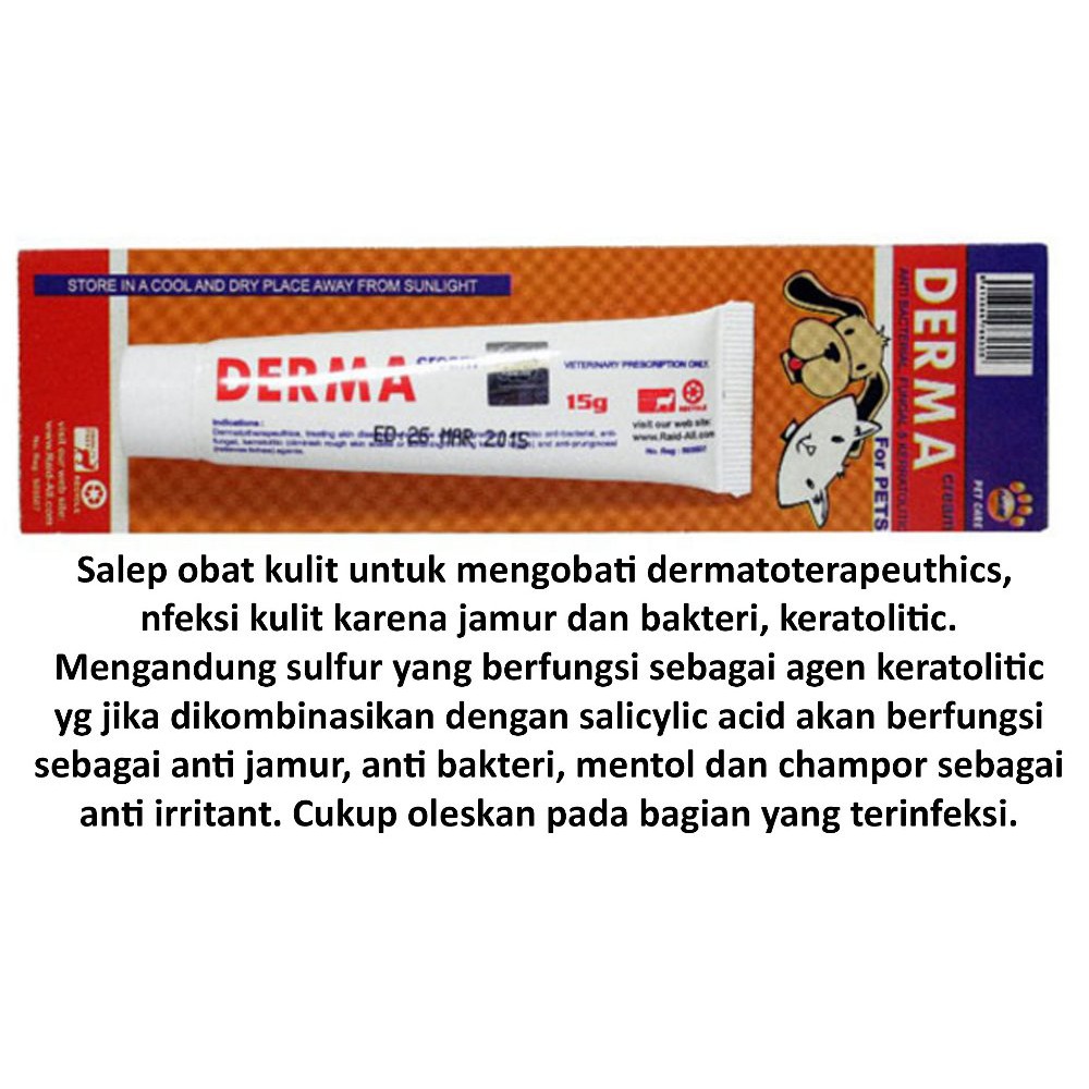 DERMA CREAM 15gr / raid all / obat luka salep jamur scabies / hewan / cat dog / kucing anjing