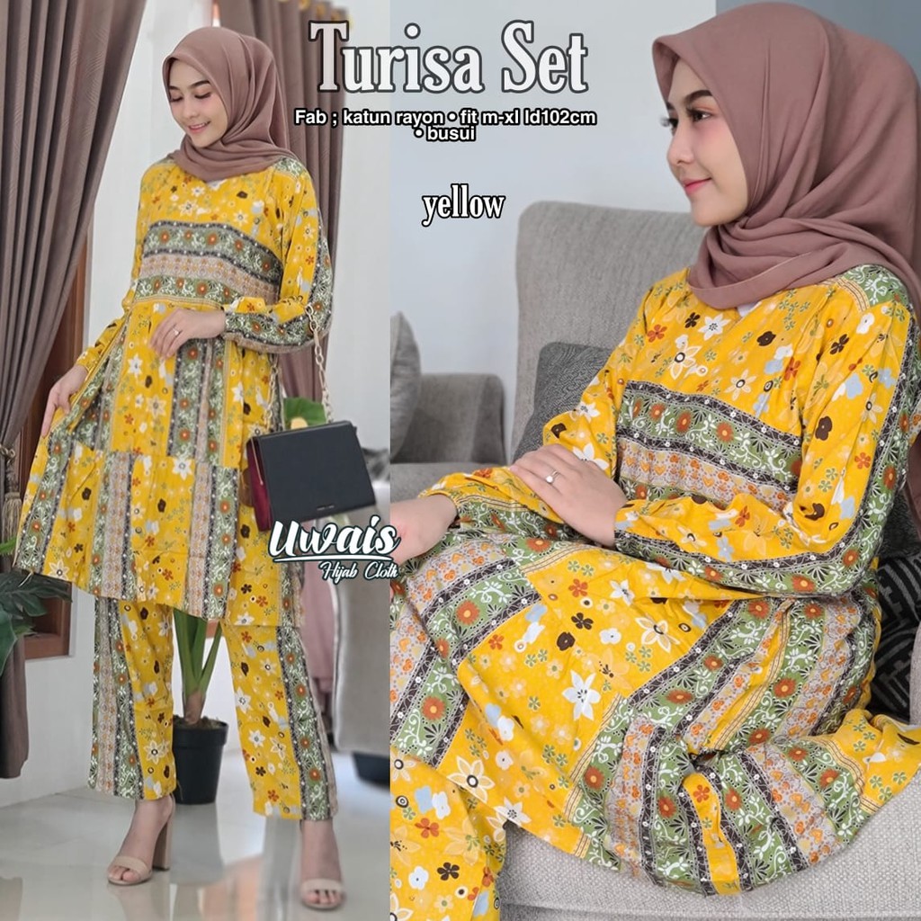 TURISA SET. Baju Baby Doll Muslim Atasan Bawahan Wanita Uwais Murah. Cantik, Adem, Busui, Nyaman