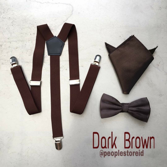 Suspender Pria - Suspender Bretel Dark Brown + Dasi Kupu Coklat Tua Dan Handkerchief - Chaniavara