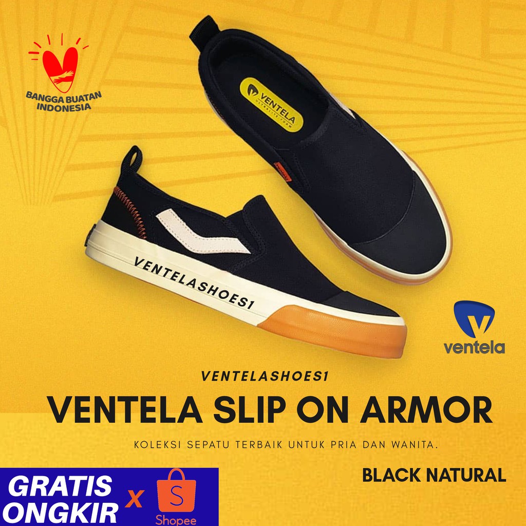 Sepatu Pria Ventela Armor Black Natural Slip On Tanpa Tali Keren Bahan Kanvas Ori Original 100 %