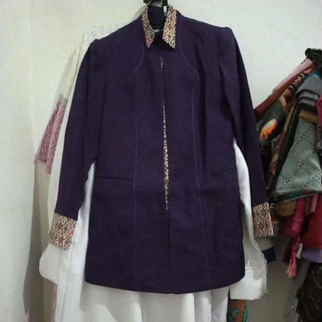 Setelan Blazer Seragam Kerja Wanita Ungu Tua Motif Batik Murah Cantik Pake Inner Bank,perawat,rs