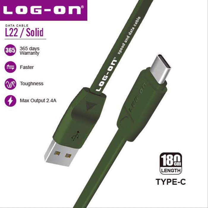 KABEL DATA LO-L22 SAFE AND SPEED TYPE C USB CABLE - 180 CM FLAT SERIES 2.4A LOG-ON