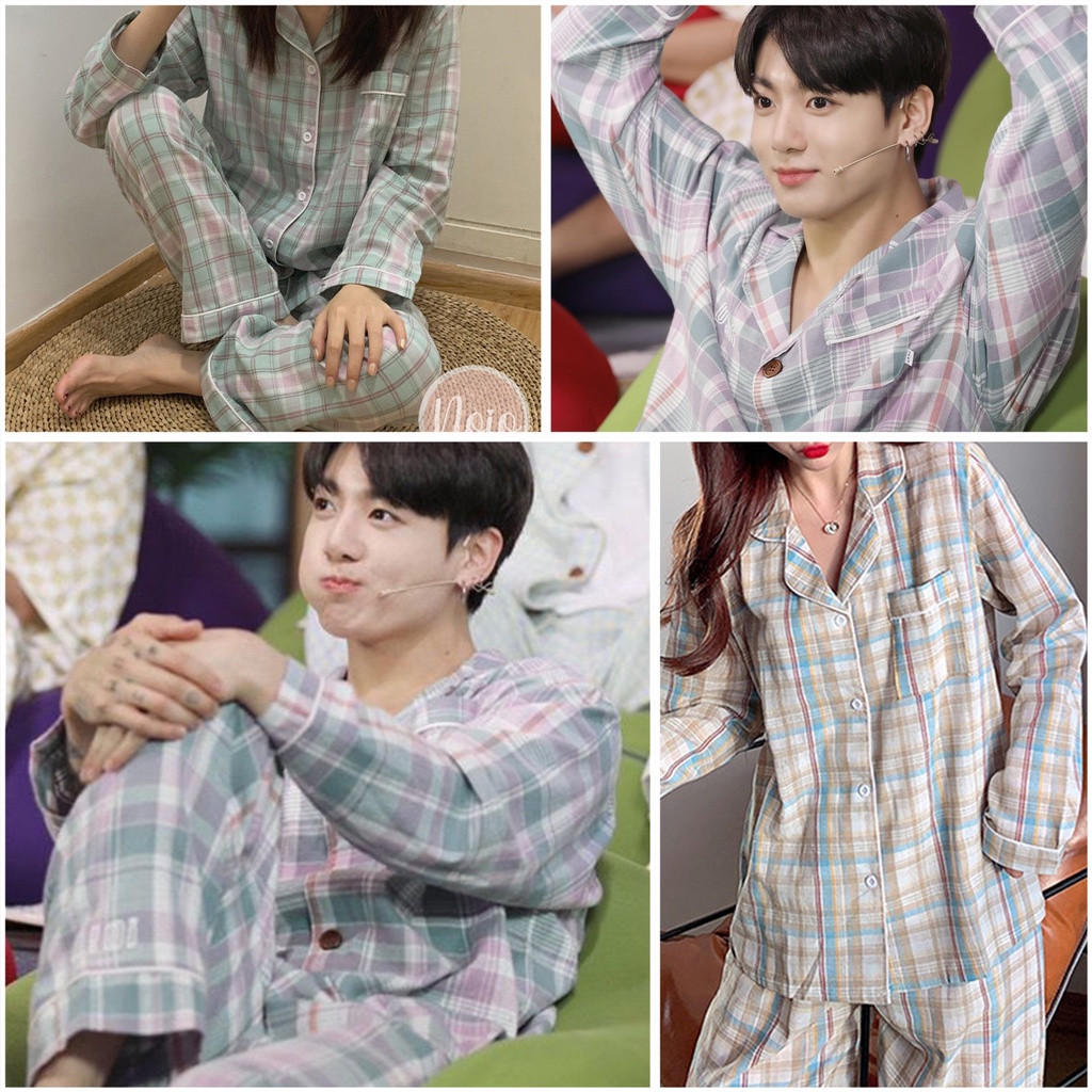 BTS JUNGKOOK BAJU TIDUR WANITA NEW KOTAK MIX SQUARE PIYAMA WANITA DEWASA IMPORT ONE SET JUNG KOOK - 