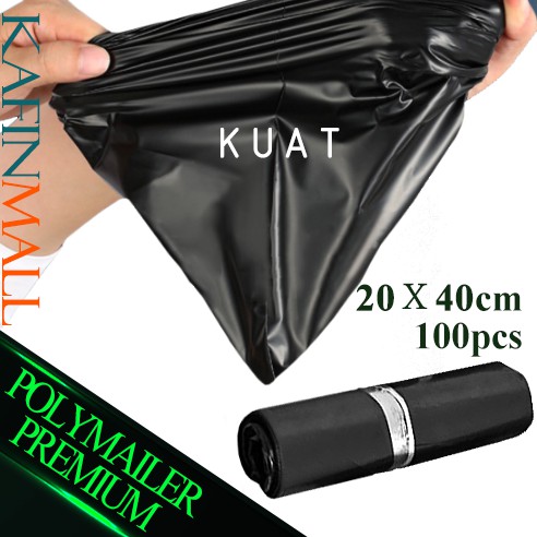 Kantong Plastik Packing Olshop PE Polymailer 20X40CM Lem Perekat 100pcs Hitam Glossy Tebal Anti Plon