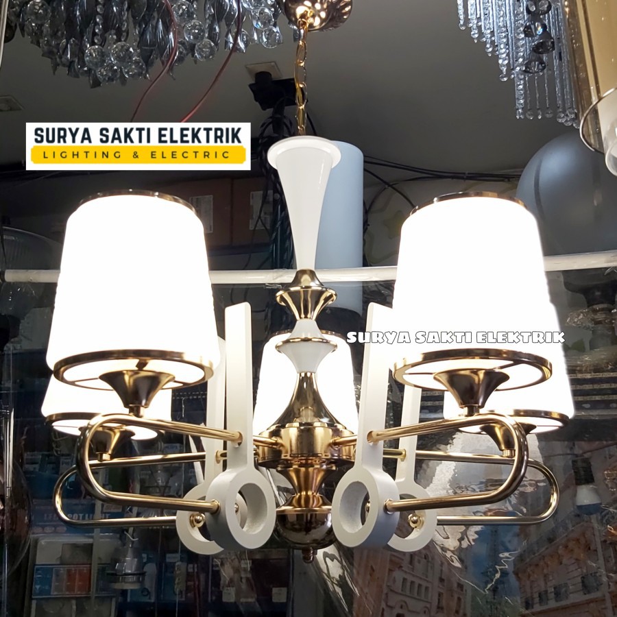 LAMPU GANTUNG MINIMALIS RUANG TAMU HIAS ELEGAN ROSE GOLD PUTIH 5 LAMPU RUANG MAKAN