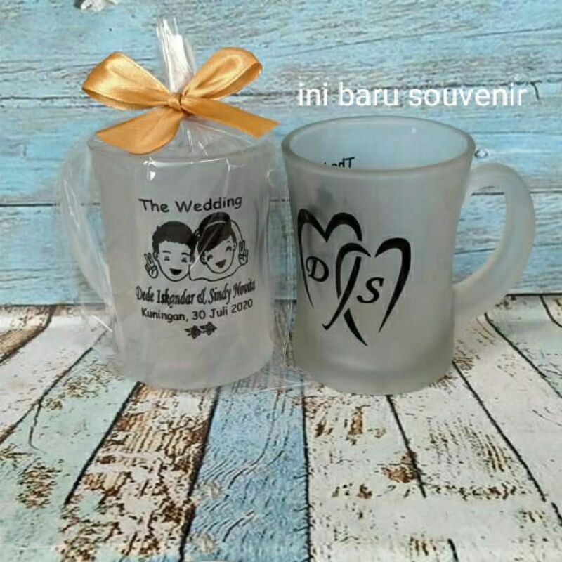 souvenir gelas kaca mug cangkir kopi doff plus cetak sablon custom plus kemas plastik