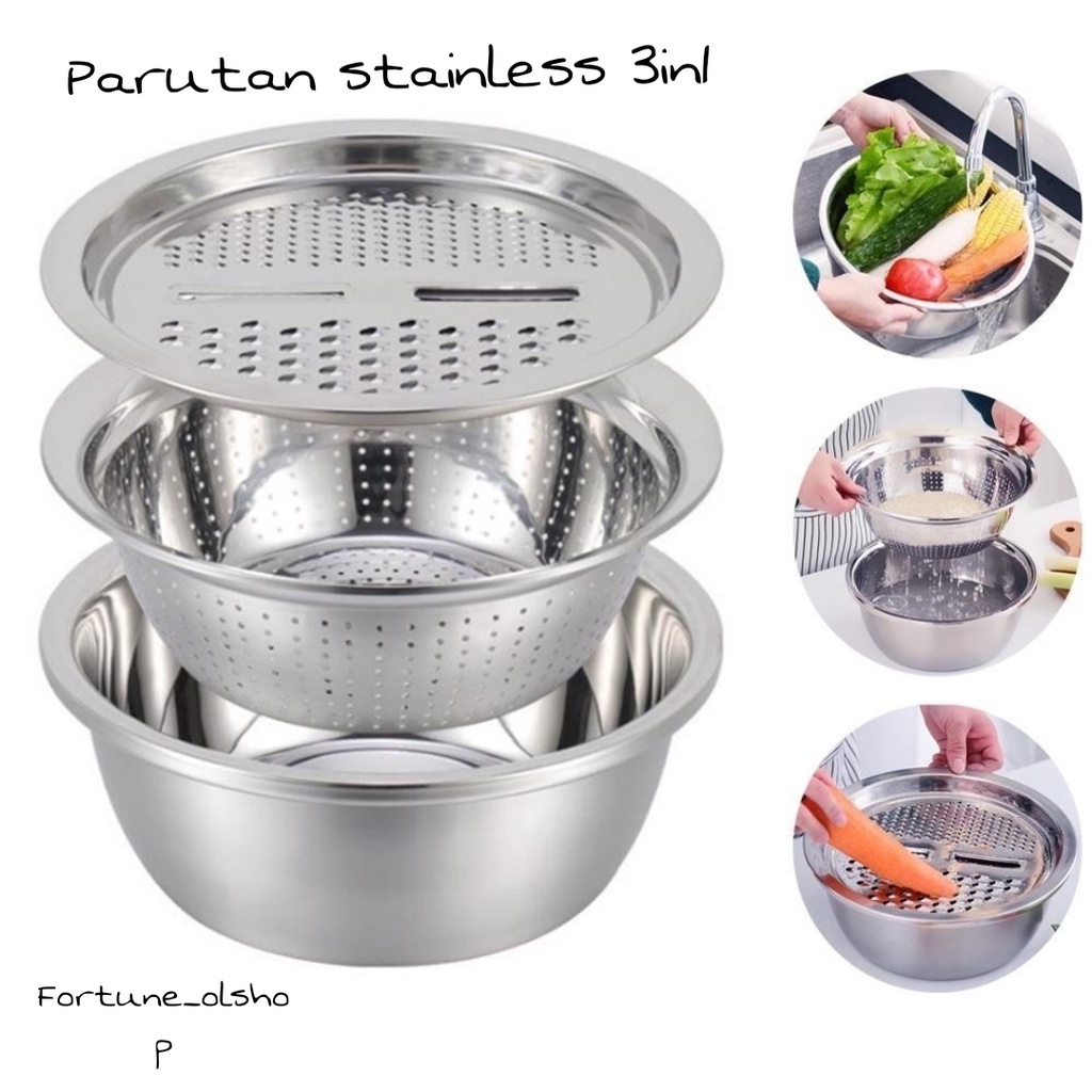 (FO)PARUTAN BASKOM STAINLESS STEEL / BASIN MULTIFUNGSI 3 IN 1 / BASKOM PARUT WADAH BESAR