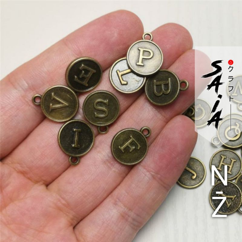 Charm huruf inisial N - Z bandul alphabet bulat bronze gold kerajinan gelang kalung SAIA CRAFT