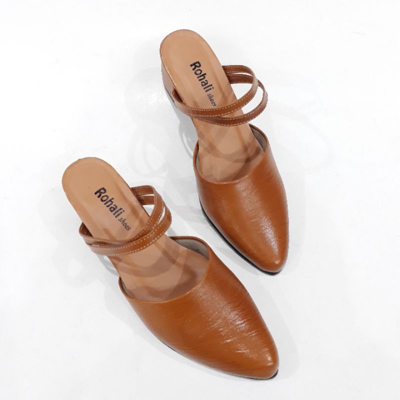 SANDAL TALI BELAKANG HIGH HEELS JENIS MULES ASLI KULIT MODEL TERBARU