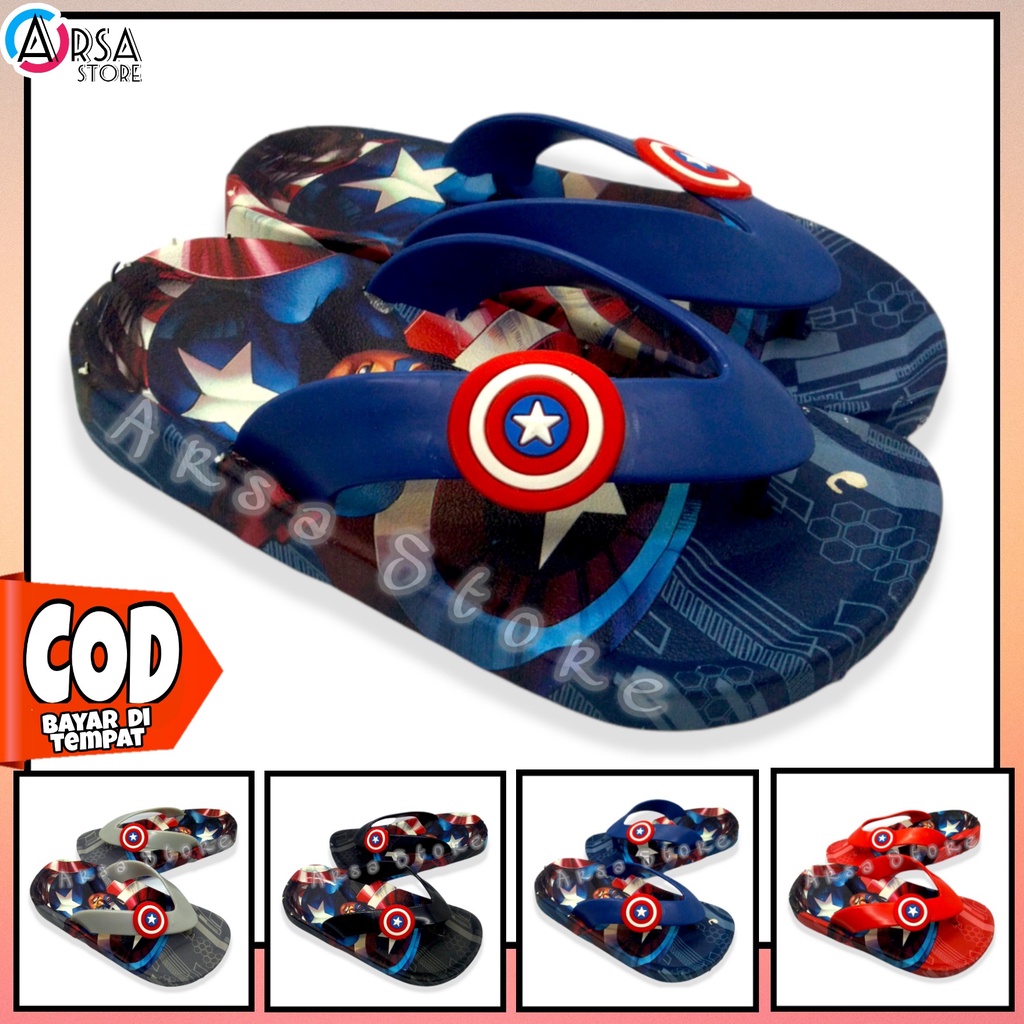 Sandal Jepit Jelly Anak Laki Laki Import Umur 2 3 4 Tahun / Sendal Karet Lucu Anak Cowok Motif Superhero Karakter Kapten Amerika / Kado Bagus Untuk Anak Ultah