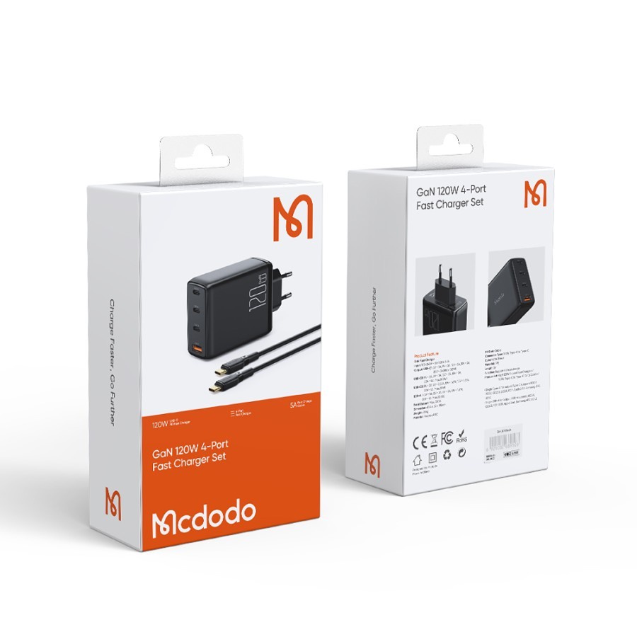 MCDODO CH-0771 Adaptor Kepala Charger GaN 4 Port 120W QC 5A USB Type C iPad Macbook Laptop + Kabel Type C To Type C