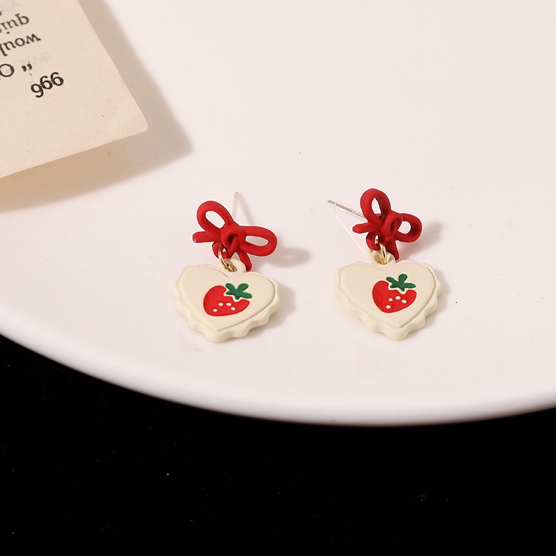 Sterling silver jarum cute Korea menyegarkan love strawberry busur manis anting-anting stud anting-a