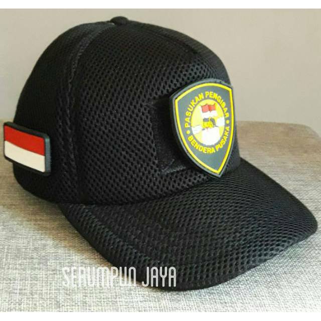 TOPI PURNA PASKIBRAKA 3PATCH- TOPI PENGIBAR BENDERA JARING VELCRO HITAM - PPI