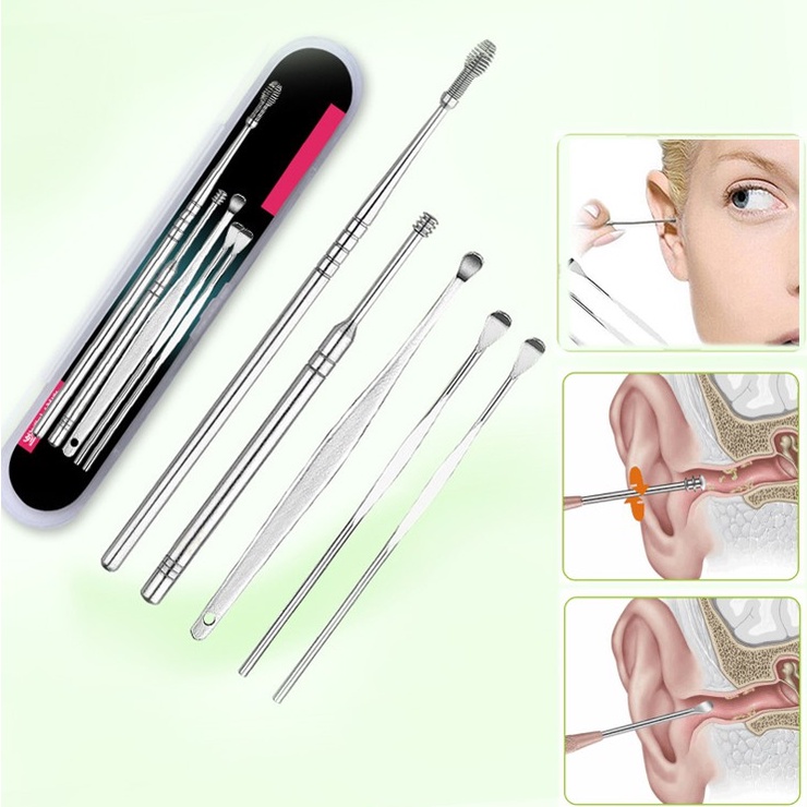 KOREK KUPING SET ISI  6 + 1 BRUSH STAINLESS STEEL /  ALAT PEMBERSIH TELINGA SERBAGUNA