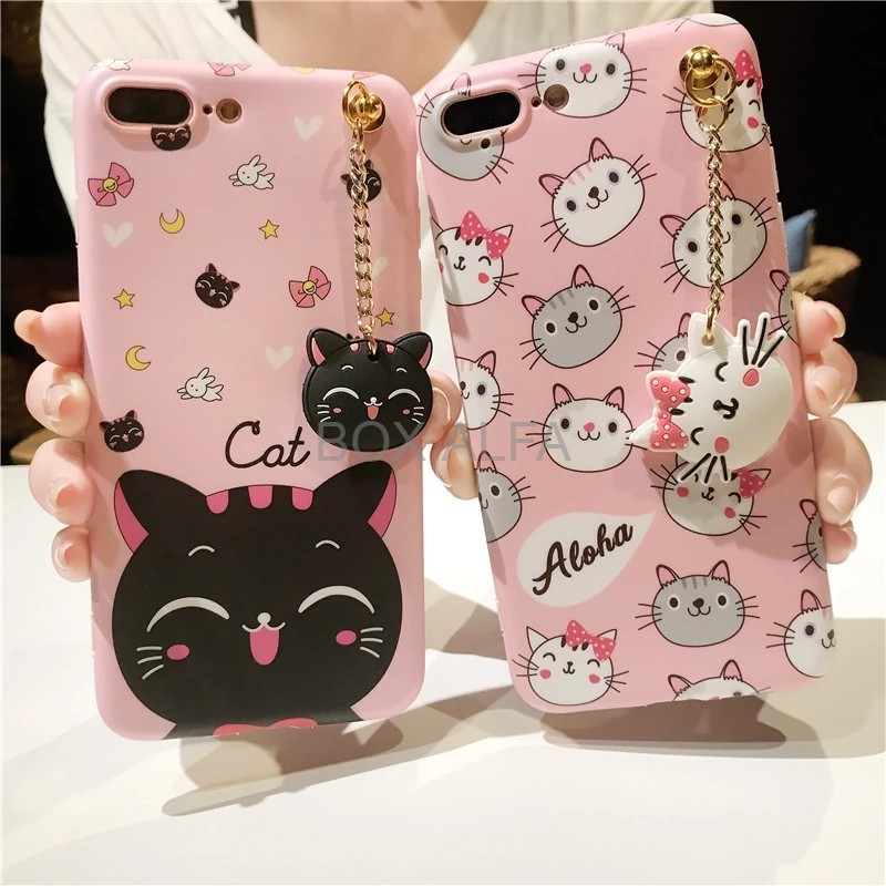 Case iPhone X 6 6s 7 8 Plus Softcase 3D Cat Kucing Kitty Line Brown