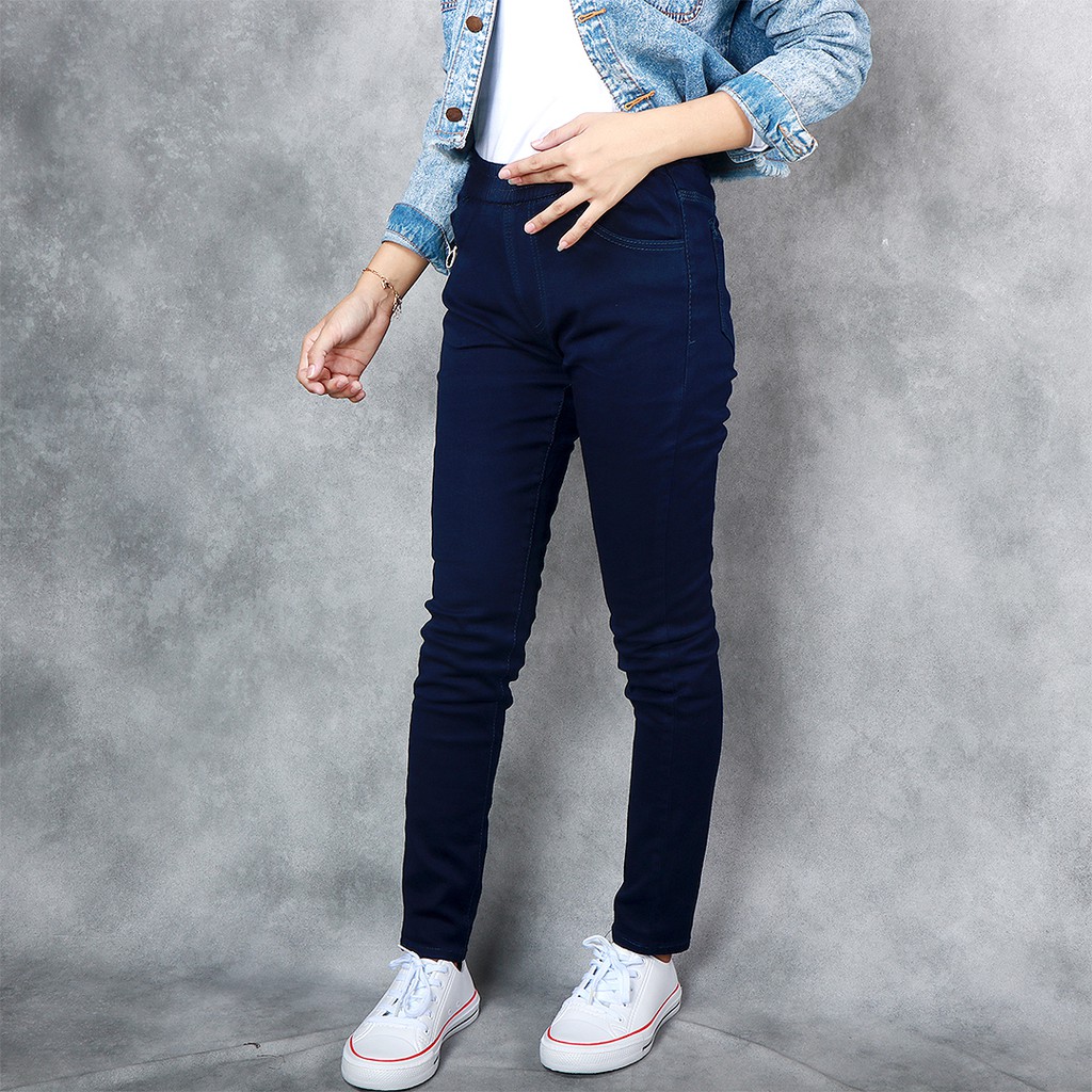 Jeans denim premium C96 karet (Navy) -  soft jeans wanita size 28 - 42