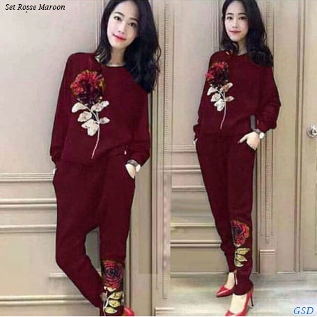 Rosse / Setelan Baju Dan Celana Training Wanita Bunga Sablon Bahan Babyterry Size L