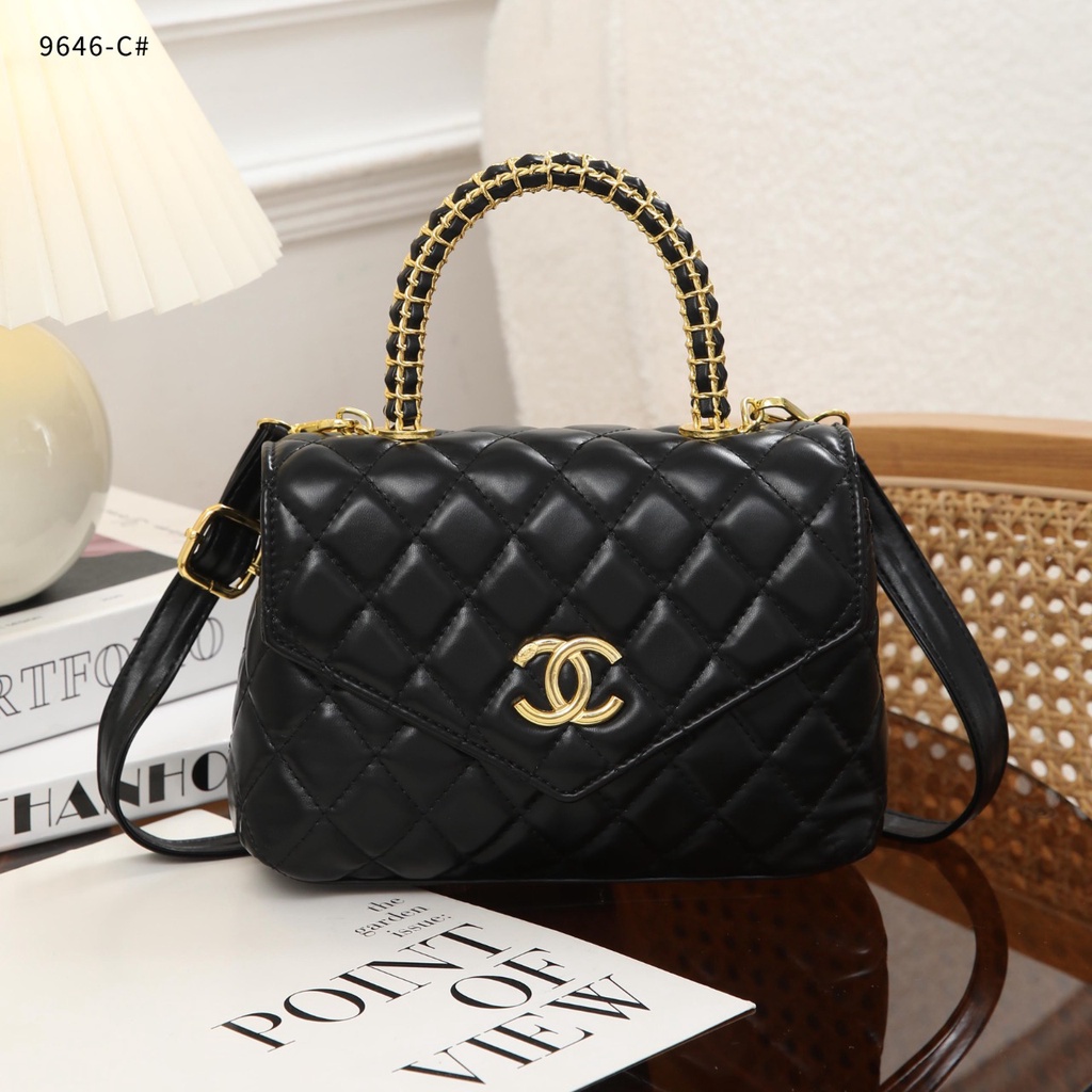 C Flap Bag 9646-C With Top Handle Calfskin &amp; Gold-tone Metal Black