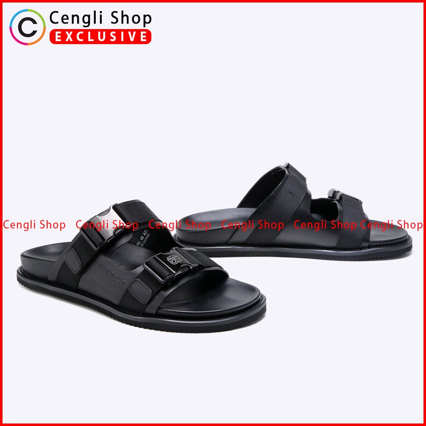 SANDAL KULIT EVERBEST PRIA ORIGINAL SLIDE CASUAL BRANDED HITAM EM04