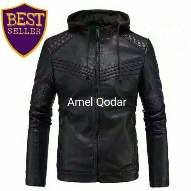 Jaket Sintetis Grade A Hooded WJ572 PU LEATHER SEMI KULIT WARUNG JAKET Amel Qodar