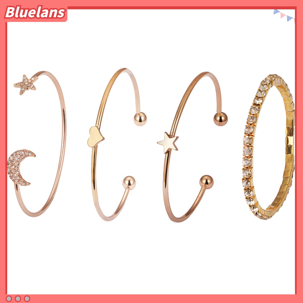 4pcs / Set Gelang Bangle Desain Bulan Bintang Hati Aksen Berlian Imitasi Untuk Wanita
