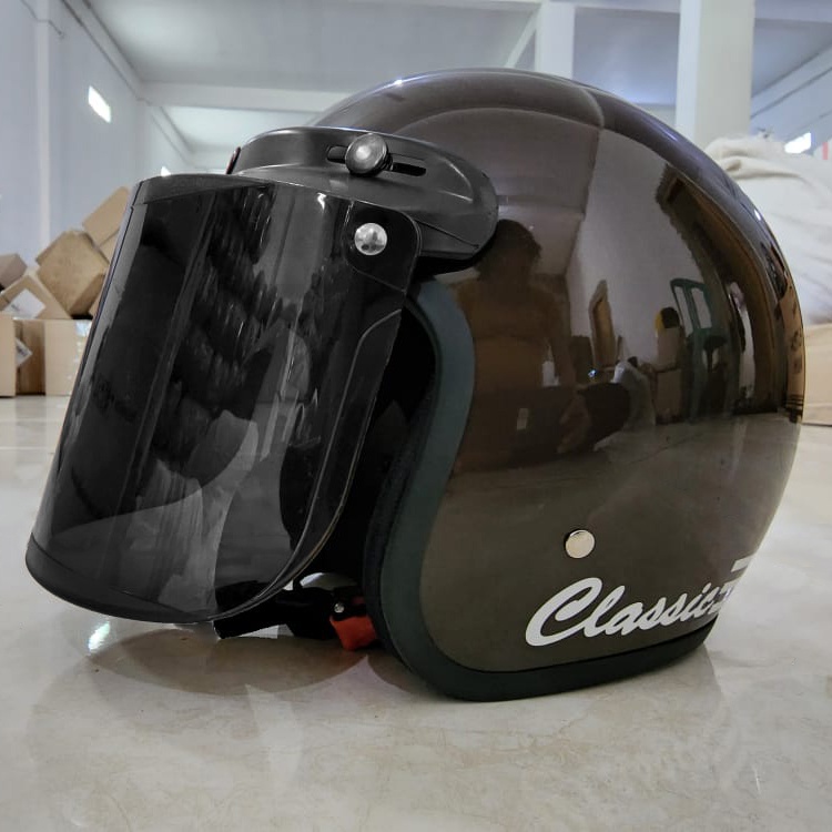 Helm Bogo Retro Dewasa Pria Wanita Polos Klasik SNI Motor-dark brown glos