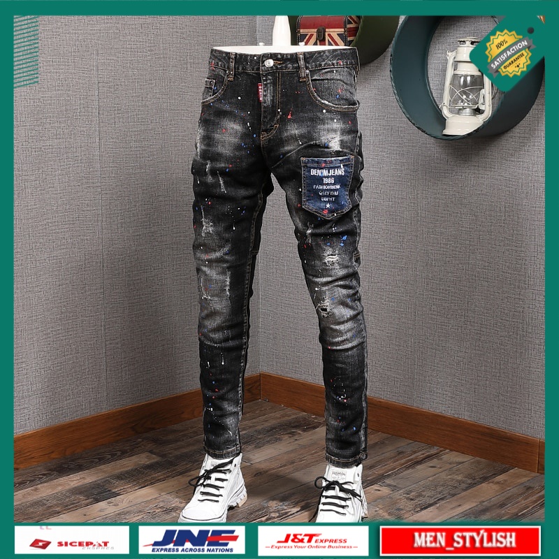 Celana Jeans Panjang Pria Newly Designer Fashion  Italian Vintage Painted Retro Ripped Denim Pants S
