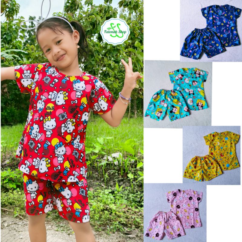 Setelan Anak 3 4 5 6 7 8 9 10 tahun motif kartun karakter lucu baju anak cewek harian santai ( setelan cartoona ) Fatonah Shop