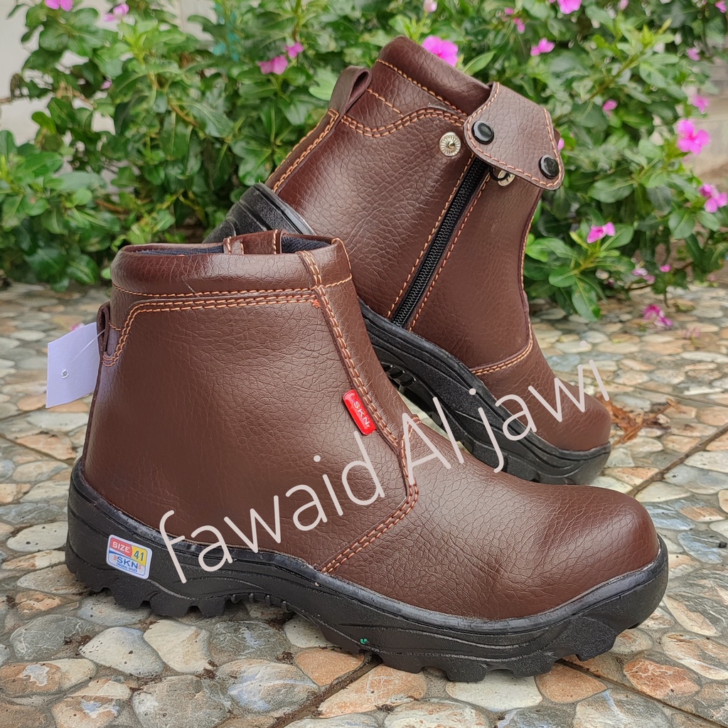 Sepatu Safety Resleting Coklat Semi Boot King Skn Terbaru Ujung Besi Kulit Buatan Impor Hicking Touring Proyek Pabrik Industri Pria Wanita