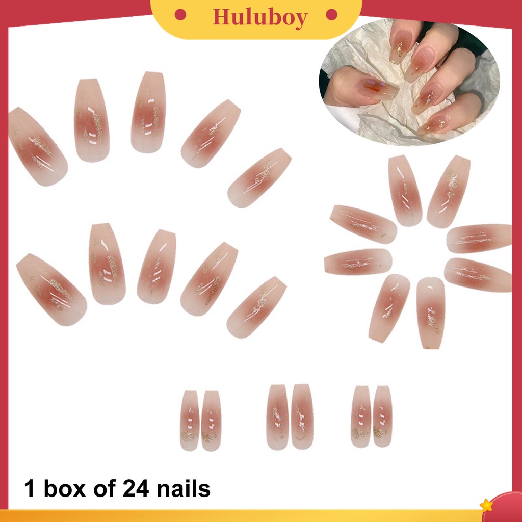 Huluboy Huluboy♡ 24pcs / Box Kuku Palsu Warna Caramel Gradasi Bahan ABS Untuk Nail Art