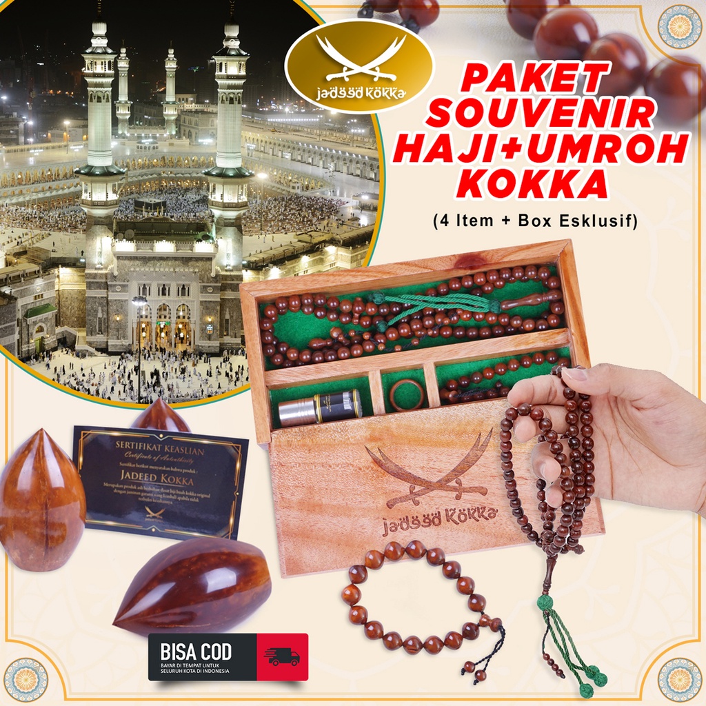 Paket Tasbih Kokka Bulat Besar Uk 8 mm bonus parfum & gelang dan cincin kokka Asli box kayu desain e