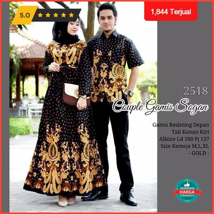Baju Batik Couple Muslimah Gamis Syari Muslim Pasangan Keluarga Drees - Gold Exclusive