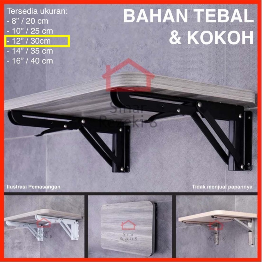30 cm 12" Siku Lipat HITAM Dinding Penyangga Rak Meja Bracket Foldable Siku Siji - Black
