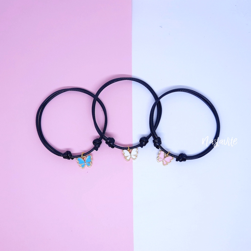 Gelang Couple Sahabat 3 Orang Kupu-kupu Simple Tali Korea Hitam Polos Murah