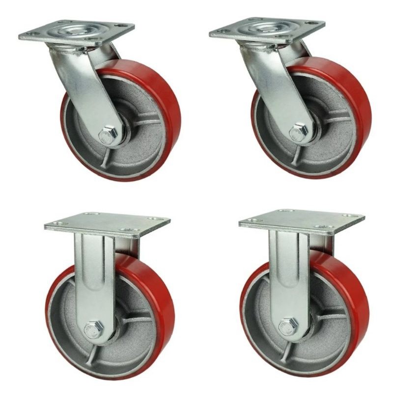Roda Troli Troly PU Merah 5” Inch Heavy Duty / Beban Berat 2 Hidup + 2 Mati