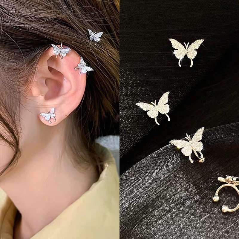 We Flower Shining Crystal Butterfly Ear Cuff Clip Earrings for Women Korean Girls Fashion Jewelry